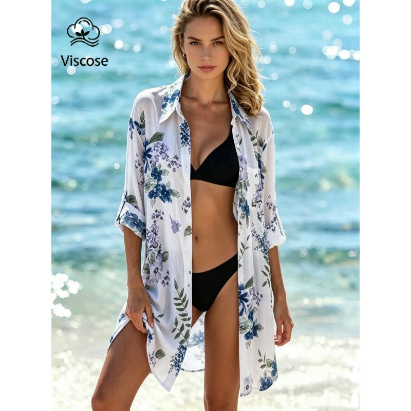 Medium-length Fashion Printed Top, Breathable Lightweight Shawl Cardigan, Long-sleeve Loose Cover-up, Beach Jacket
