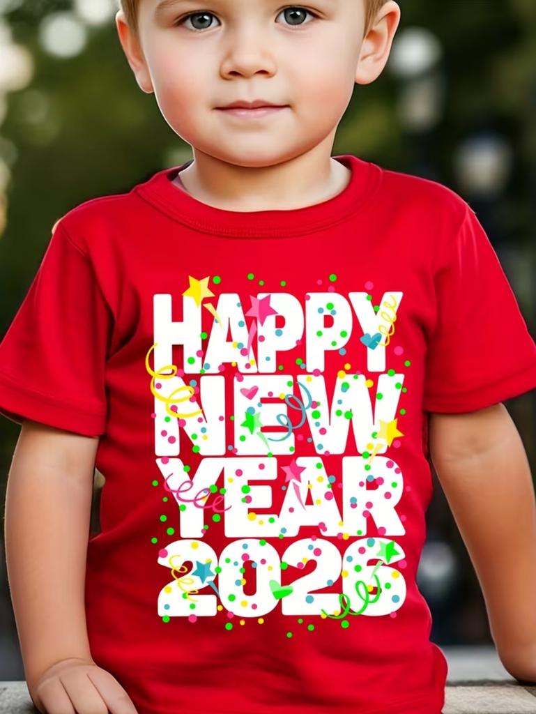 Children's T-Shirt 2026 Happy New Year Greeting Short Sleeve Casual Crew Neck T-Shirt Year of the Horse Gift Top Loose Clothing