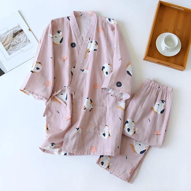 Yedi Kollu Kimono Pijama Seti Kadın İlkbahar ve Sonbahar %100 Pamuk Gazlı Bez Ev Giyim Şirin Tatlı