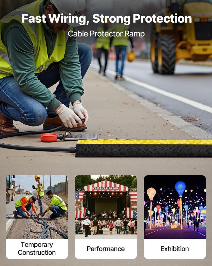 Cable Protector Ramp, 9,979 Kg/axle Capacity, 2 Channel Heavy Duty Rubber Cord Hose Wire Cover, 100 X 75 Mm Channel, Traffic Speed Bump with Flip-Open