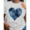 European Size Women'S Black Denim Heart-Shaped Patchwork Print Short Sleeve T-Shirt- Casual Loose Fit, Machine Washable, All-Season Versatile Top