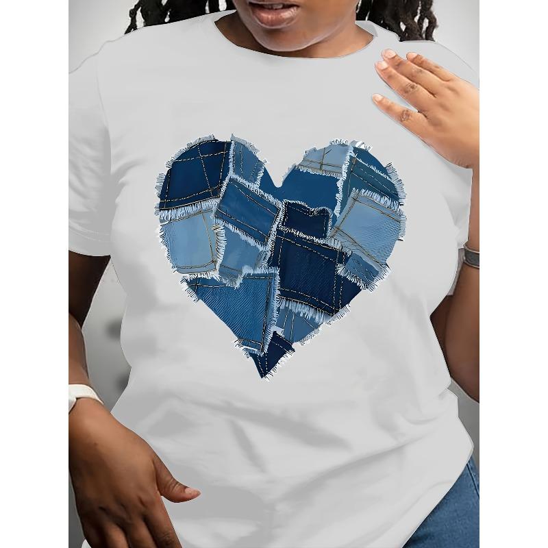 

Женская черная джинсовая футболка с коротким рукавом, пэчворк-принт в форме сердца, европейский размер - Повседневная, свободный крой, можно стирать в машине, универсальная вещь на любой сезон S белый