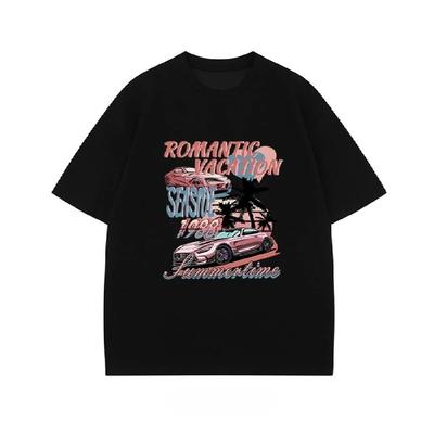 2025 Summer New Retro Vacation-themed Printed Cotton T-shirt Loose Casual and Fashionable Short-sleeved Men's and Women's Top
