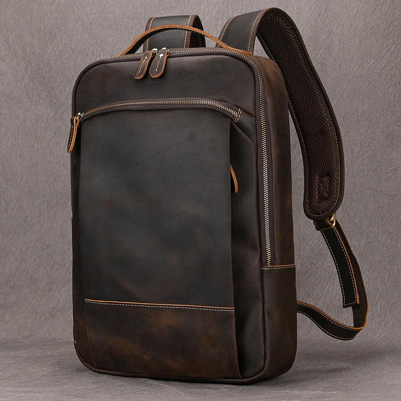 Vintage Men's Crazy Horse Leather Backpack Genuine Leather Retro Rucksack Large Classic Travel Backpack Big Laptop Computer Bag