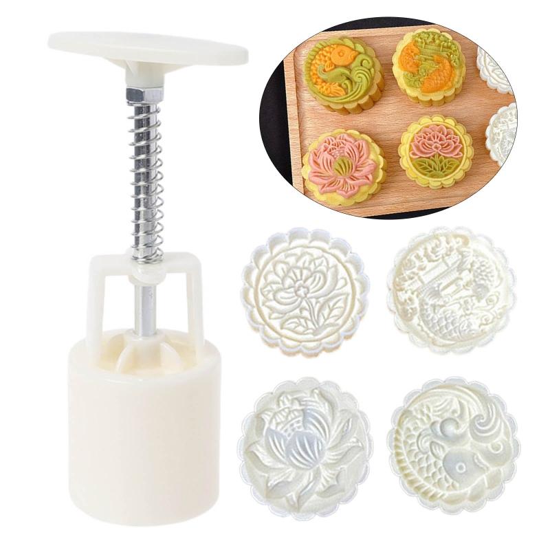 100g Moon Cake Moulds Lotus & Carp Shaped Hand Pressure Mooncake Decorating Gadget for Kitchen Mid-Autum Baking Mooncake