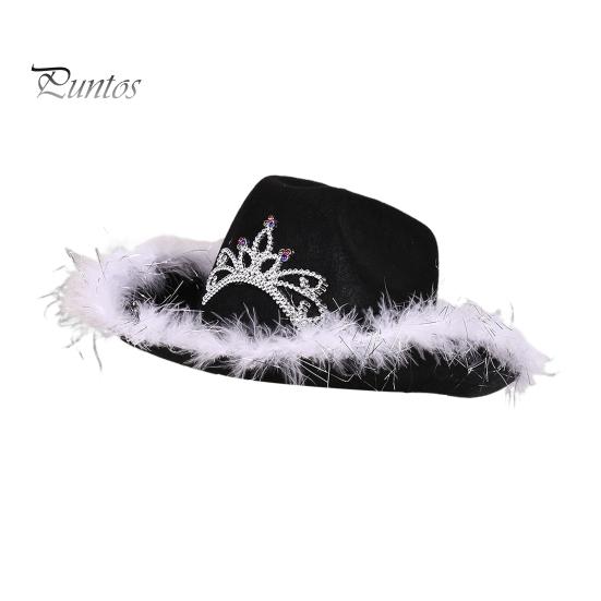 

Шляпа ковбойши со стразами, корона, меховой рваный край, ветрозащитная веревка для подбородка, большие поля, защита от солнца, ретро-стиль вестерн, сценическое шоу, вечеринка M чёрный