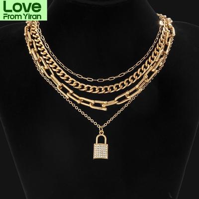 Kunjoe Bohemian Fashion U Shaped Link Chain Choker Necklace For Women Girl Crystal Rhinestone Lock Pendant Necklace Jewelry Gift