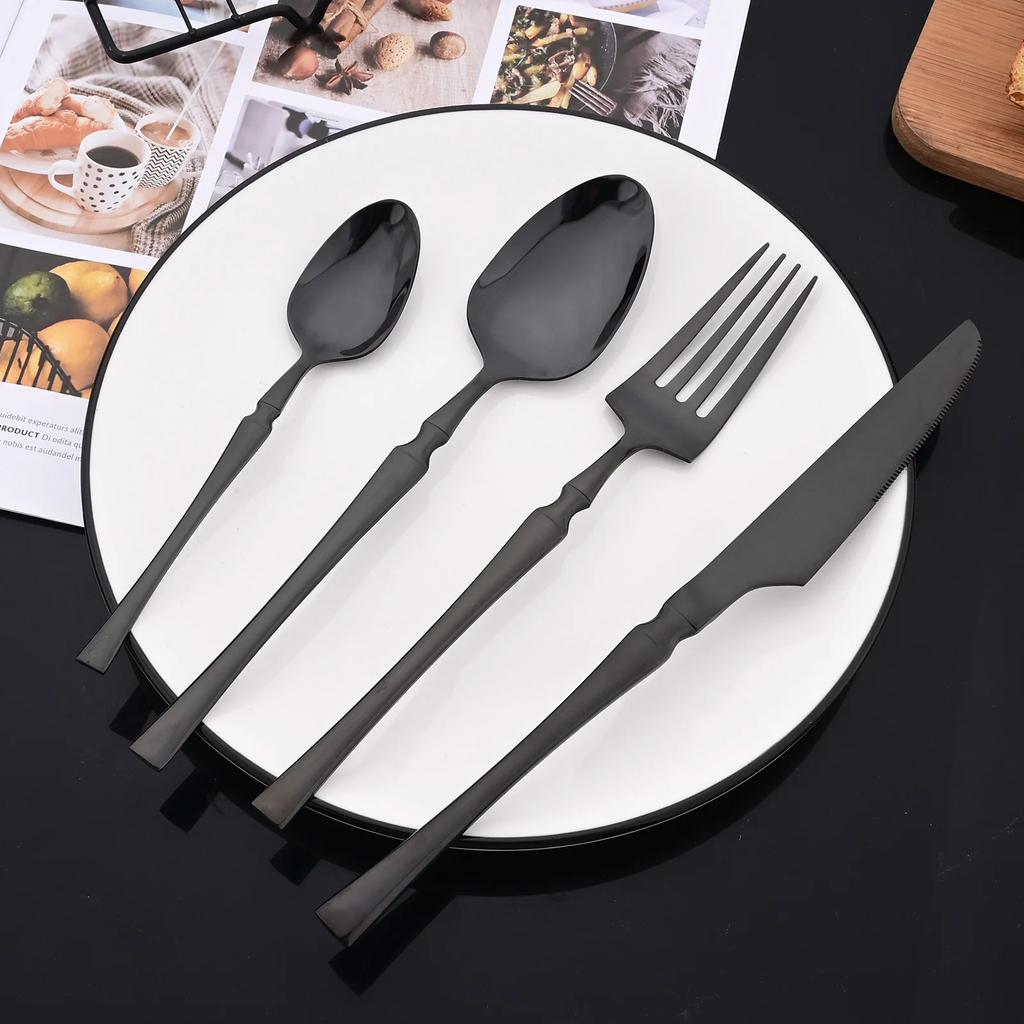 4Pcs Mirror Black Cutlery Set Stainless Steel Flatware Western Knife Fork Spoon Silver Cutlery Kitchen Tableware Set Supplies