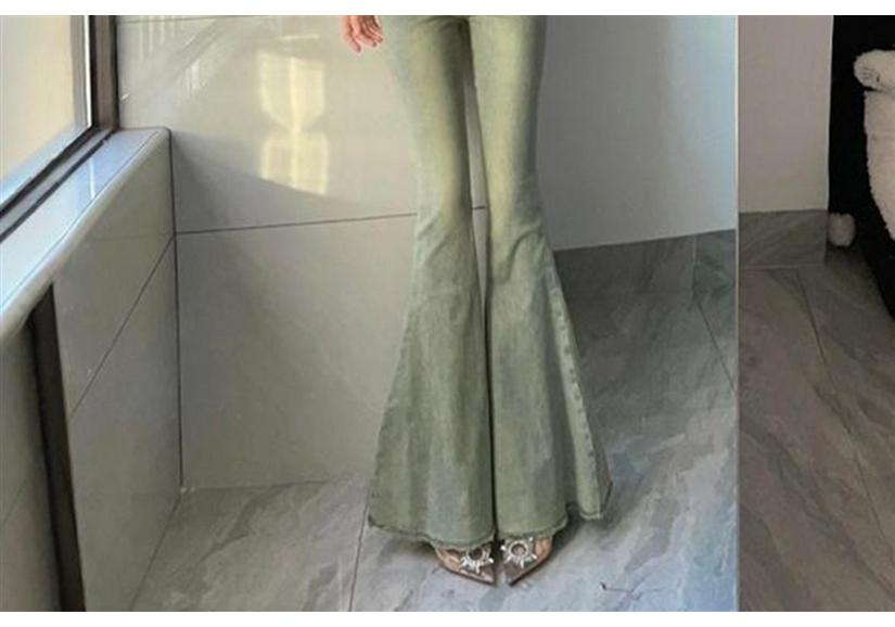 Women's High-Waisted Fishtail Flare Denim Pants - Elastic, Washed, Raw Hem, Versatile Style