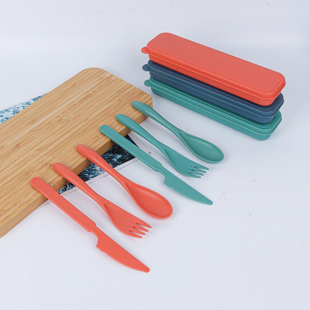 Practical Tableware Reusable Camping Utensil Set Ultralight Wheat Straw Camping Spoon Fork with Case Plastic Travel Utensils