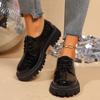 Patent Leather Thick-soled Oxford Shoes for Women Snake Print Round Toe Lace-up Shoes Outdoor Leisure Daily Commute Workplace