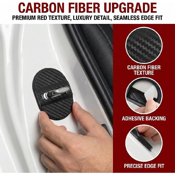Car Door Latch Lock Cover, 4PCS Carbon Fibre Shock Absorption Vehicle Door Latch Protective Cover, Noise Reduction Automotive Lock Protector,