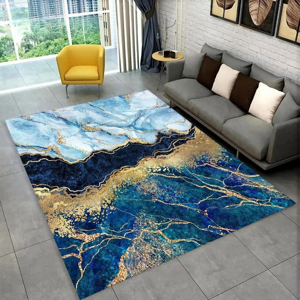 Sophisticated Nordic Blue and Gold Marble Floor Mat Geometric Carpet for Living Room or Bedroom Non-Slip Rug for Sofa Doormat