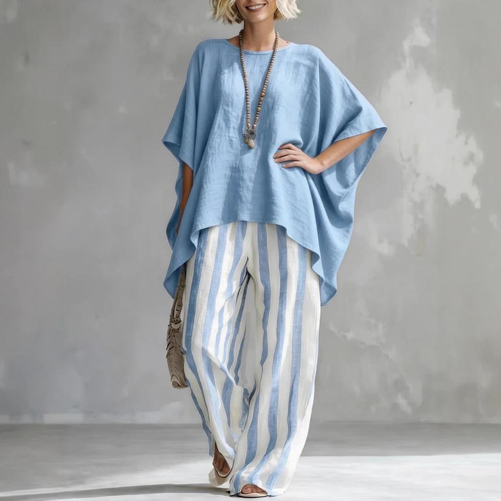 2026 Amazon European and American Cross-border Women's Clothing Spring and Summer Loose Cotton and Linen Bat Sleeve T-shirt Cape Casual Suit