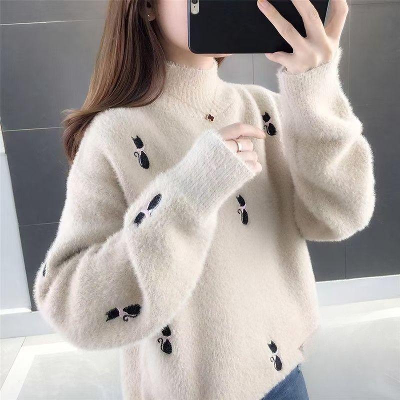 Mink Fur Sweater for Women Loose Fitting for Autumn and WinterLazy Semi High Neck and Thick Knit Base Sweater with Fleece