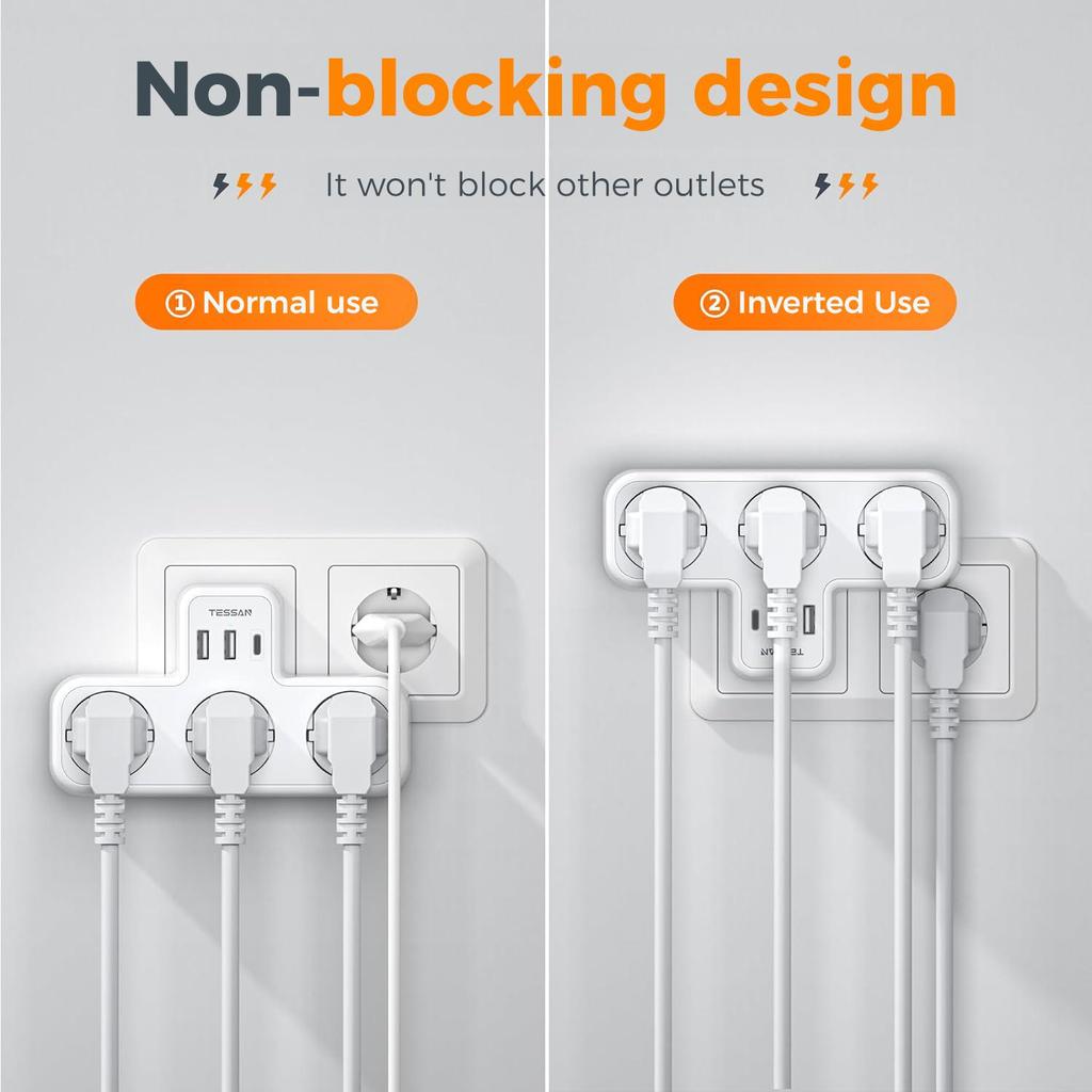 Tessan Keli sieniniai lizdai su 2 USB C 1 USB A prievadais, 6 viename USB adapteriu su apsauga nuo perkrovos išmaniajam telefonui, planšetiniam kompiuteriui