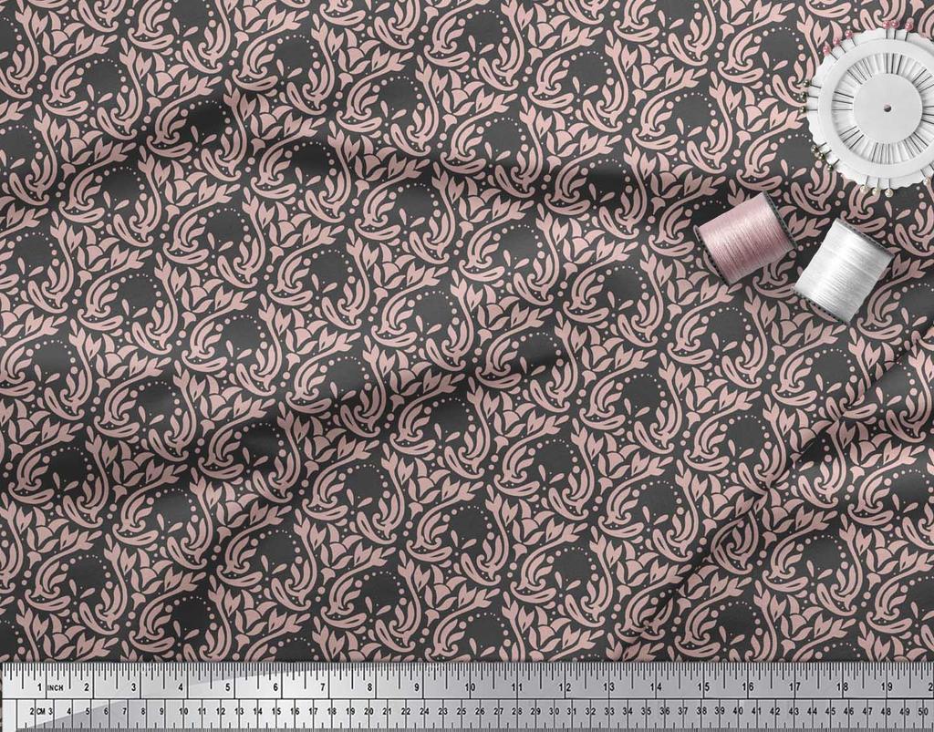 Soimoi Red Japan Crepe Satin Fabric Palmette Damask Decor Fabric Printed Metre 42 Inch