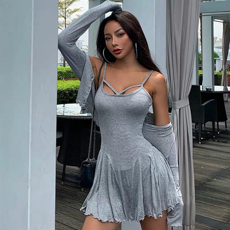 Frauen Zweiteiliges Kleid Set Casual Vintage Solide Retro Ärmellose Knöpfe Kleid + Dünne Mantel Set