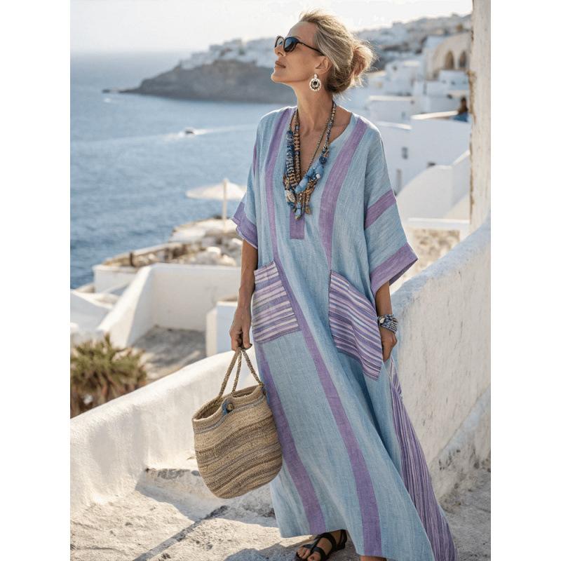 3D digital printing V-neck five-quarter sleeve long pocket Kaftan dress