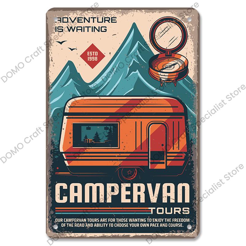 Camping Abenteuer Plaketten Vintage Metall Platte Berg Reise Campervan Touren Retro Metall Zeichen Wand Dekor Reise Club Camping Autos