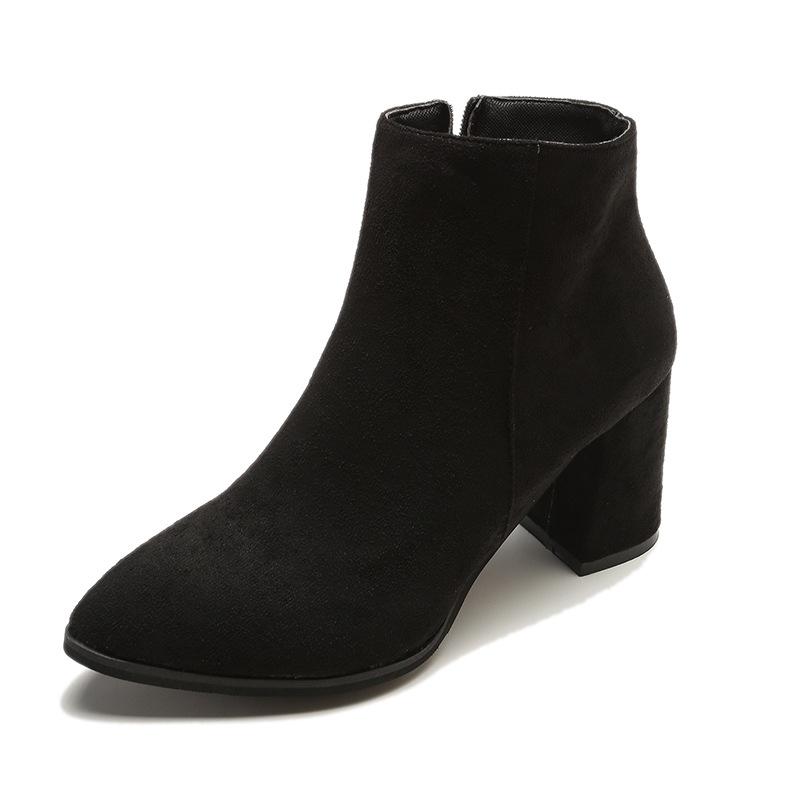 

Осенние замшевые ботильоны на толстом каблуке с боковой молнией, корейская версия, остроносые, модные ботинки Мартин, женские ботильоны на высоком каблуке 35 чёрный
