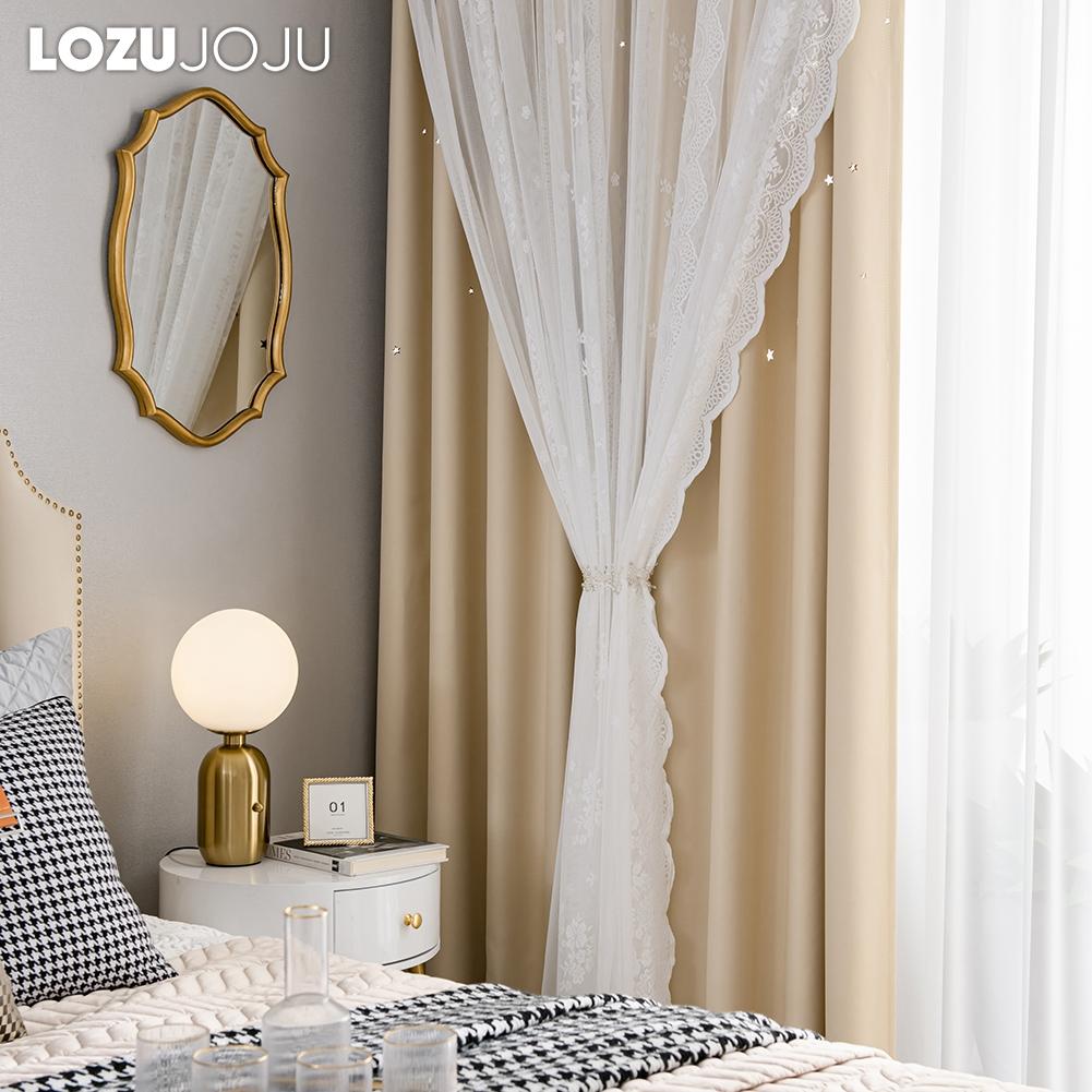 A Set of LOZUJOJU Hollow Star Blackout Curtain and Lace Sheer Curtains Integrated Gauze Curtain and Curtain for Living Room Bedroom Home Decor