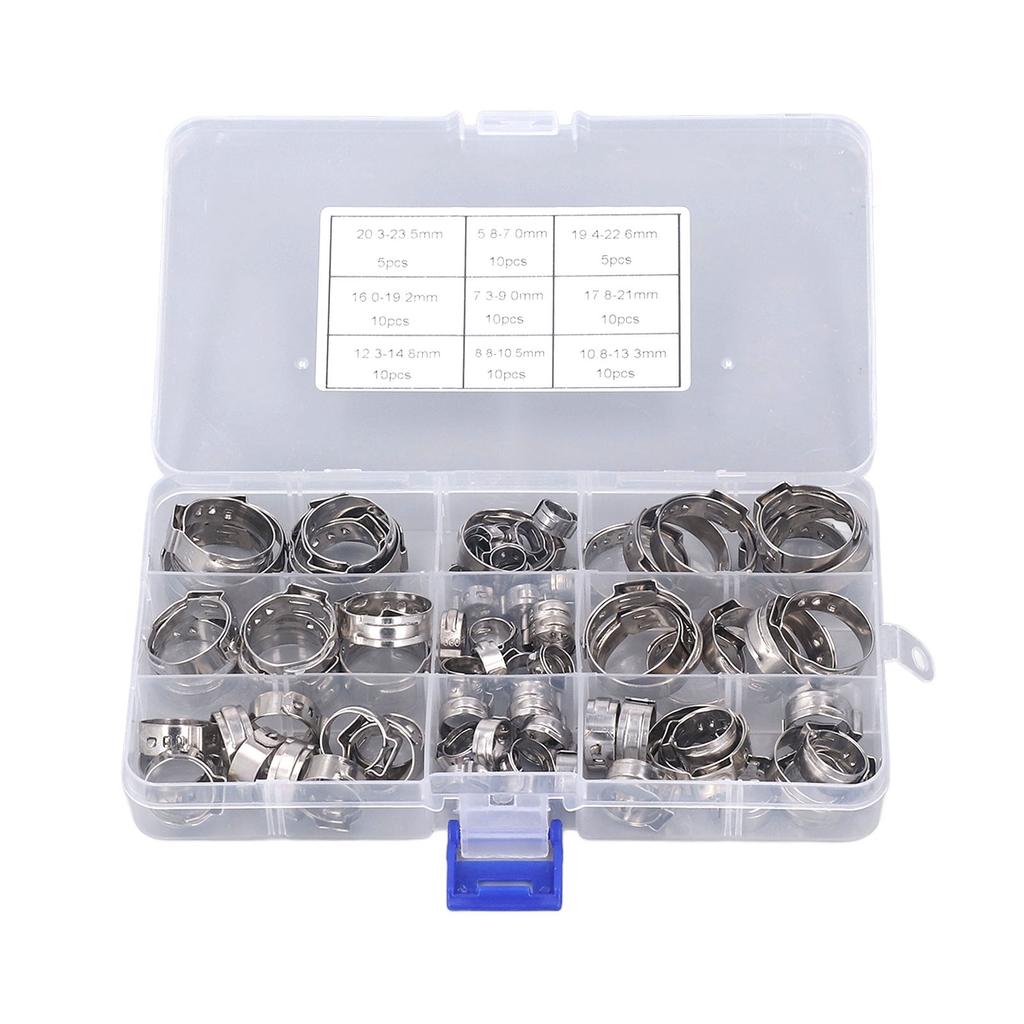80PCS Hose Clip Assortment Kit Stainless Steel Single Ear Pipe Clamps with Clamping Pliers
