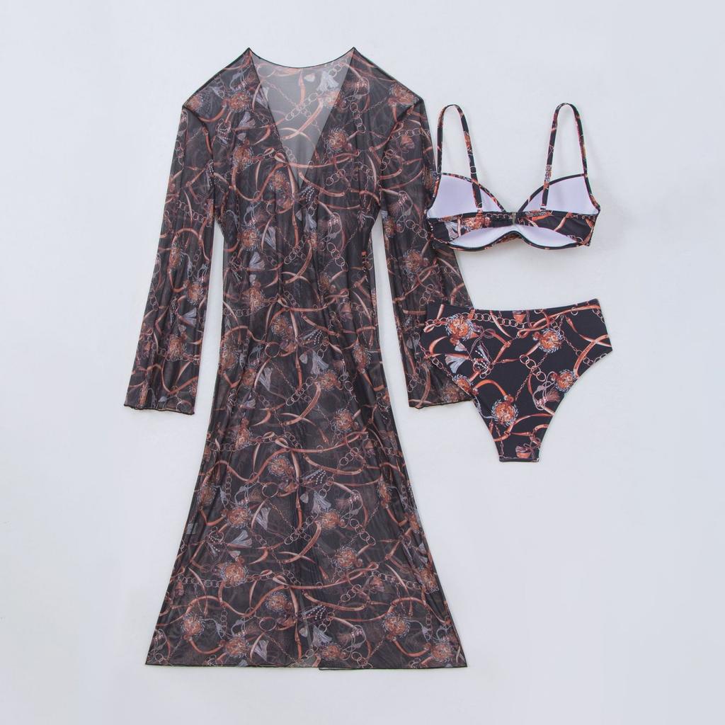 Fashionable Women's Sexy Multi-Color Printed Mesh Cover-Up Three-Piece Bikini Set
