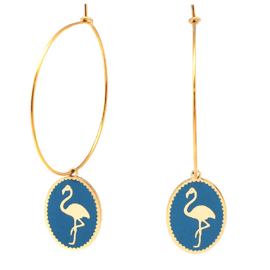 Les Trésors De Lily [Q2481] - Designer Steel Hoop Earrings 'Flamant Rose' Turquoise Gold - 33 Mm - 18x14 Mm