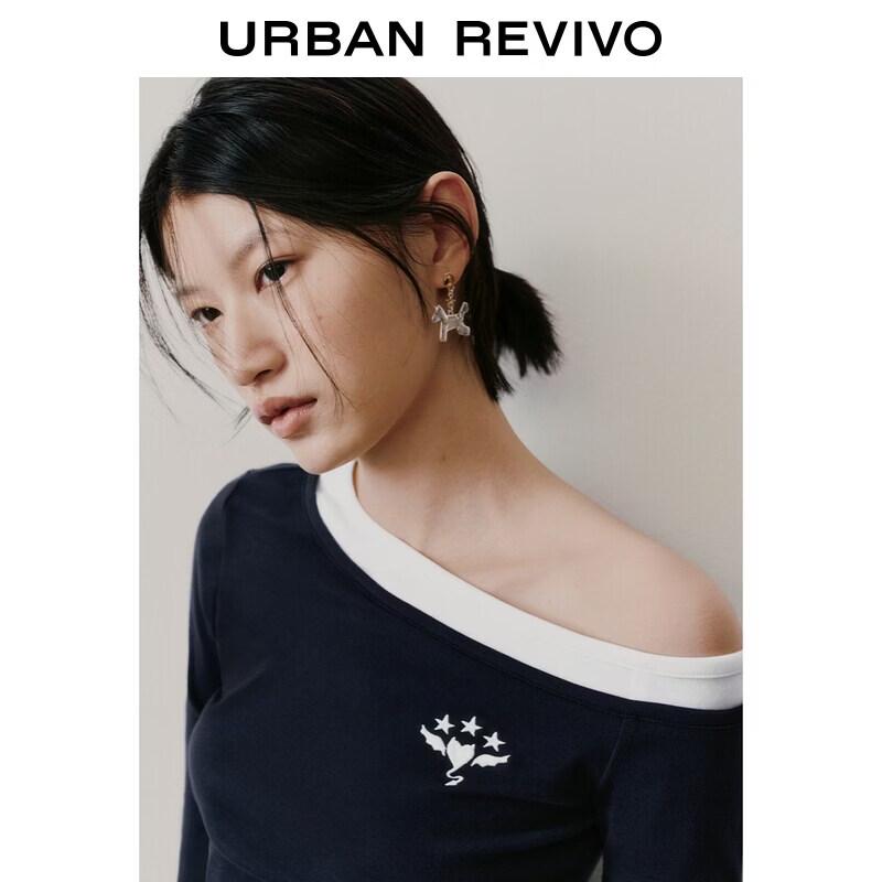 UR 2026 Spring Asymmetrical Faux Two-Piece Embroidered Slim T-Shirt