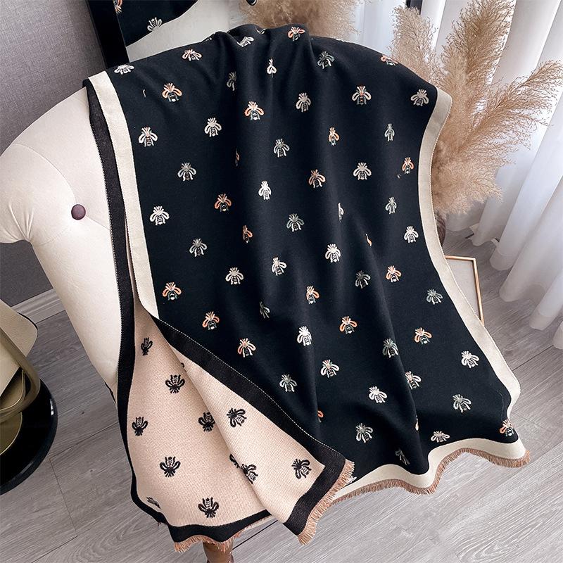 Fashion Light Luxury Little Bee Pattern Imitation Cashmere Scarf Korean Version Versatile Warm Shawl Thickened Outer Scarf