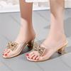 Comemore New Summer Outside Wear Versatile Medium Thick Heel Slippers Women's Shoes Casual Rhinestone Bow Flip Flops Ladies Shoe
