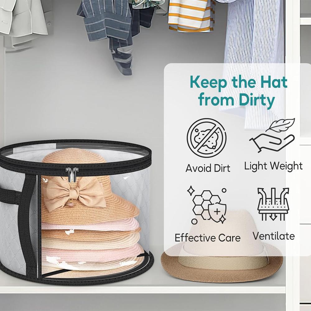 Transparent Hat Storage Box Hat Box Organizer with Zipper Closure Hat Storage Bucket, Foldable Round Brim Hat Storage Bag