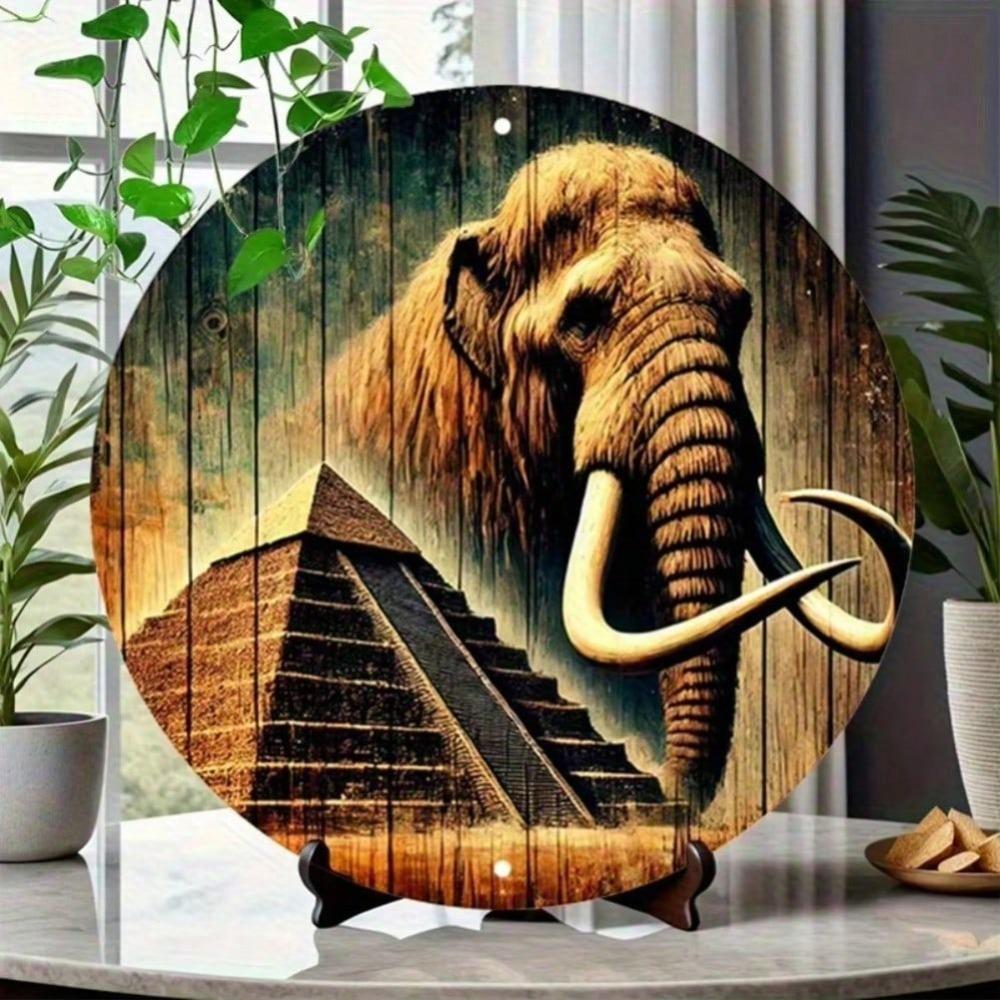 Round Aluminum Metal Wall Art, 2D Printed Vintage Elephant Egyptian Pyramids Home Decor for Garage Living Room