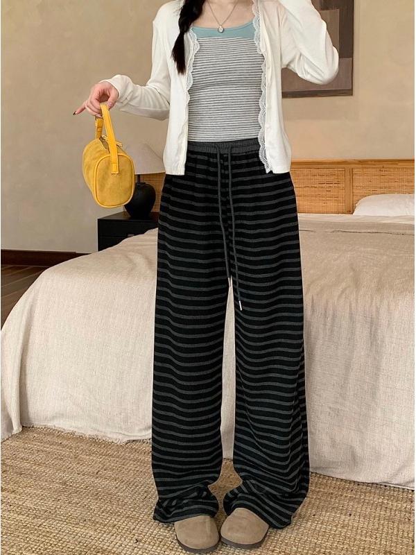 Women s Striped Wide-Leg Pants - High-Waisted, Plus Velvet, Relaxed Fit for Autumn/Winter 2025 Medium