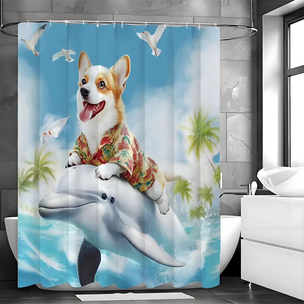 Rida Delfin Corgi Ocean Kokospalm Duschdraperi, Dekorativt Duschdraperi för Badrum, Vattentätt Duschdraperi med Krokar