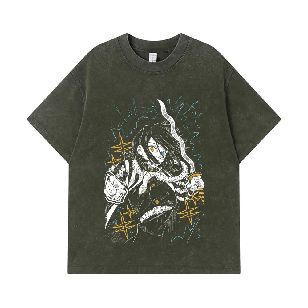 

275 GSM Washed T-shirts 100% Cotton Demon Slayer V12 Obanai Print Unisex Heavy Cotton T Shirt S армия зеленый