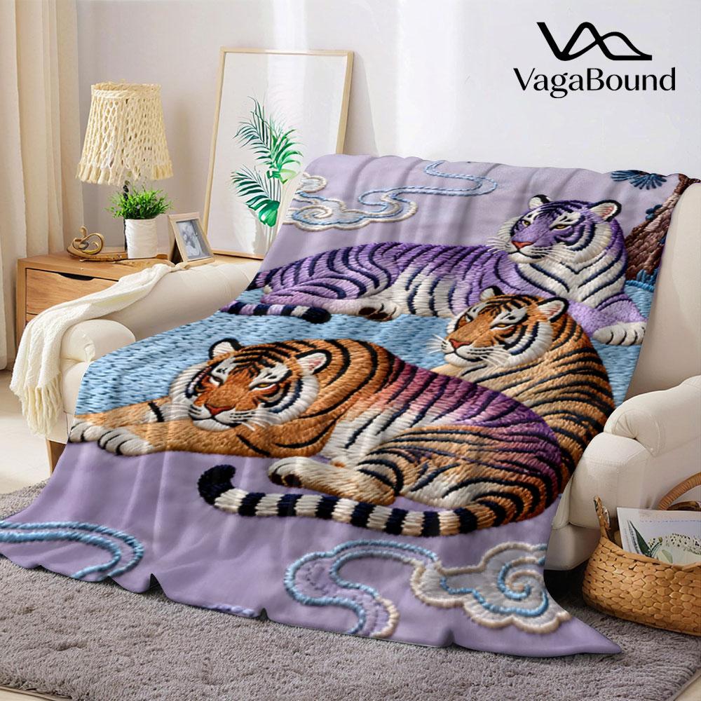 Embroidery Pink Tiger Printed Blanket Suitable for Sofas Beds Offices Travel Camping Chairs Warm Plush Blanket