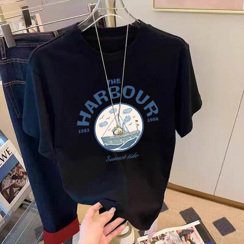 Weißes Baumwoll-Kurzarm-T-Shirt Damen Sommer Neu Ausländischer Stil Schönes Shirt Cartoon-Druck Vorderseite Schulter T-Shirt Top