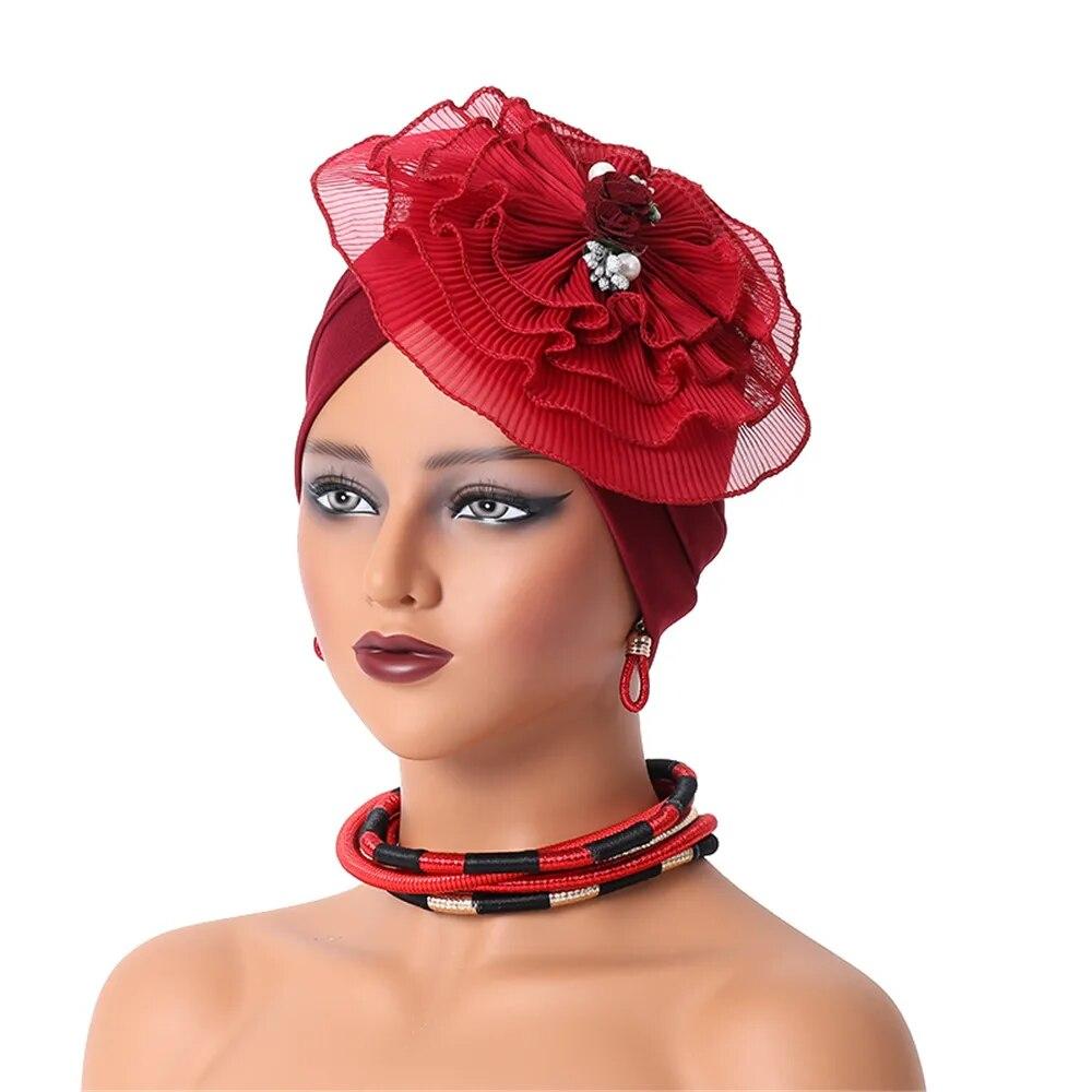 Ruffled Flower Women Turban Cap Female Head Wraps