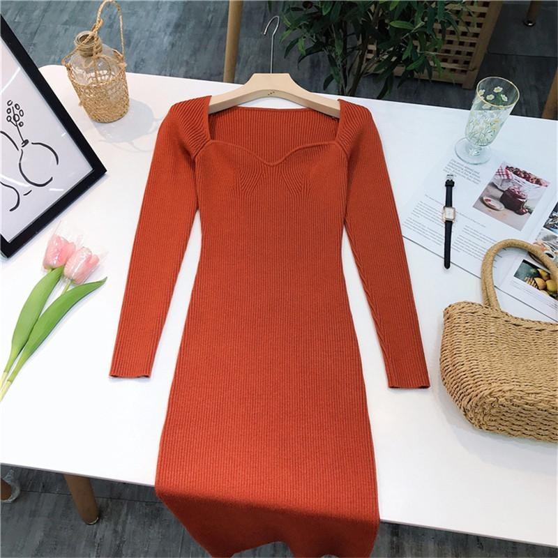 Square Neck Ribbed Thicken Warm Knitted Dresses Women Long Sleeve High Stretch Basic Bodycon Dress Streetwear Vestidos C-121