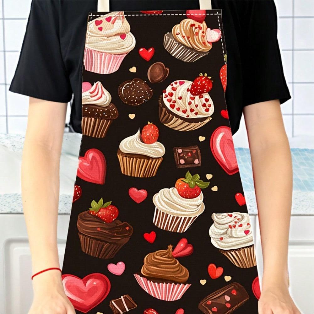 Cute Cupcake Apron, Sweet Heart and Strawberry Print Kitchen Cooking Bib, Novelty Gift for Bakers, Brown Cotton Kitchenwear