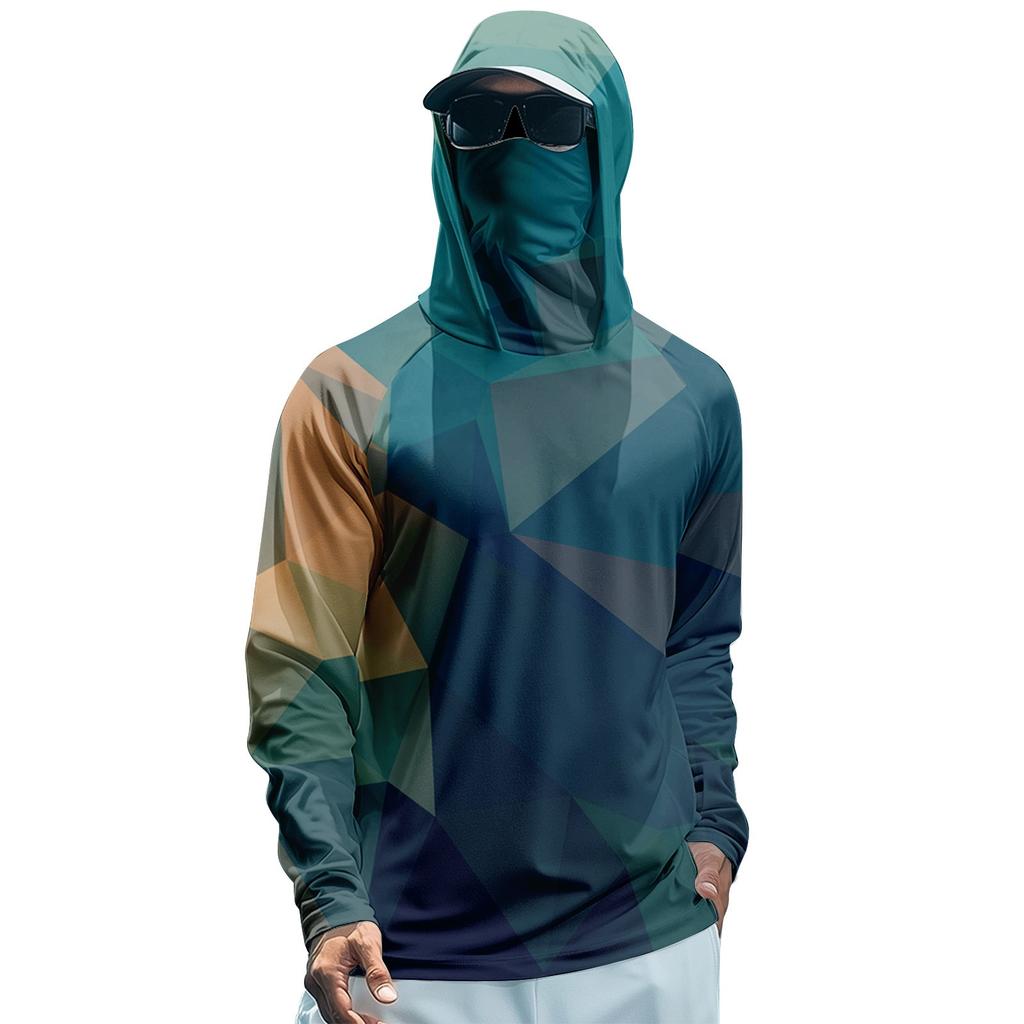 Men's Summer Gradient Color Geometry Quick-drying Long-sleeved T-shirt Sun Clothing Fishing Fitness Sports Hooded Long-sleeved Top
