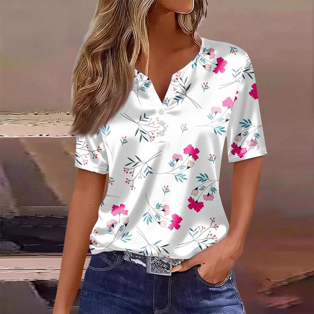 Dammode Casual Retro Tryck Krage Kortärmad Knapp T-shirt Topp