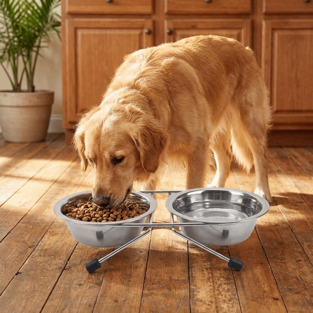 Iron Frame Stainless Steel Pet Bowl Anti-leak Pet Drinking Bowl Cat Double Bowl  Pet Feeding