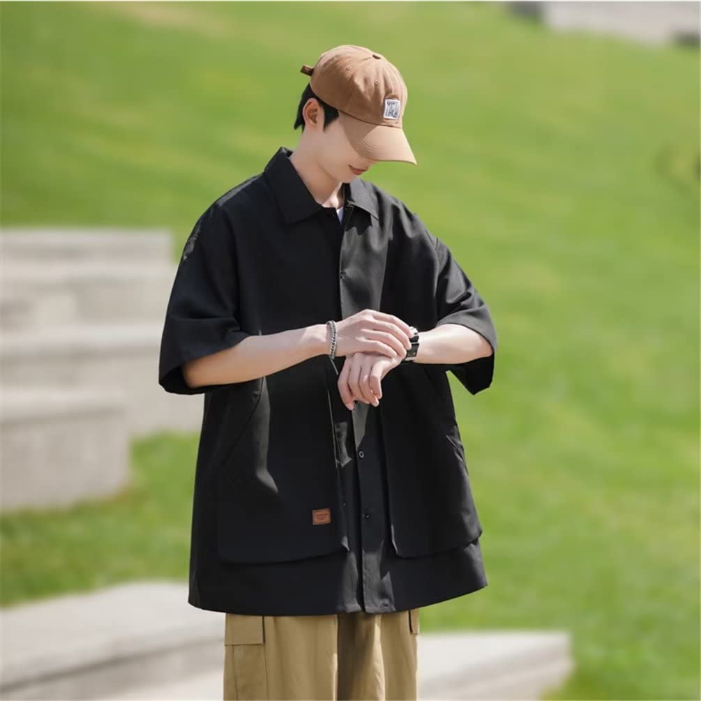 Trysimple Casual Short Sleeve Open Dress Summer Flattering Loose with Pockets Men's Shirt, Collar, Shirt, Jacket, Fit, Fit, (4XL, Black)