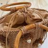 Ladies' Handbag Small Fresh Three-dimensional Flower Pearl Decoration Ring Hand-held Basket Style Women's Handbag Beach Vacation Style Woven Bag