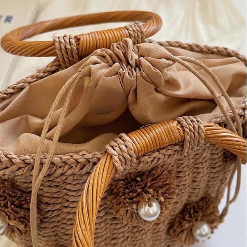 Ladies' Handbag Small Fresh Three-dimensional Flower Pearl Decoration Ring Hand-held Basket Style Women's Handbag Beach Vacation Style Woven Bag