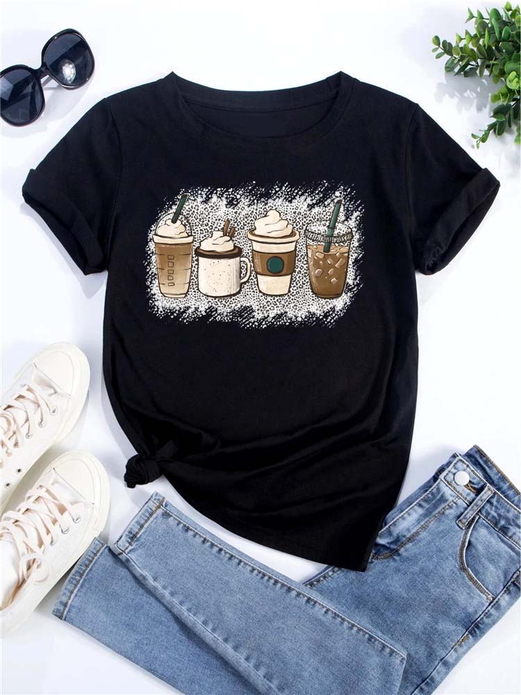 Women's T-shirt Korean Fashion Graphic Cup Print Women's Clothing T-shirts for Valentine's for Lovers Aesthetic Clothes Casual
