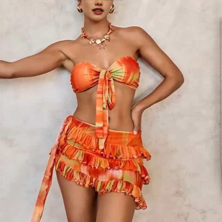 Sexy Printed Bikini Three-Piece Swimsuit European And American Lace-Up Pleated Skirt Bikini Hot Spring Swimsuit Women